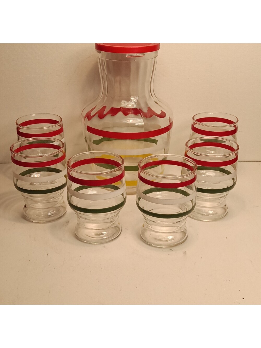 Vintage Anchor Hocking Striped Juice Set Pitcher Carafe with 6 Glasses 7pc Set